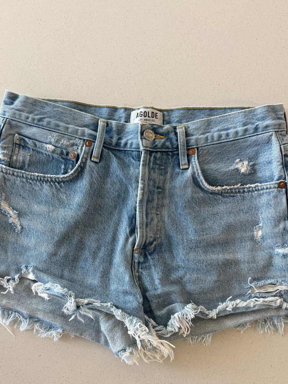 Agolde Light Blue Distressed High-Rise Denim Shorts